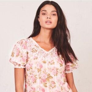 LoveShackFancy Concord Pink Floral Puff Sleeve Top Size M